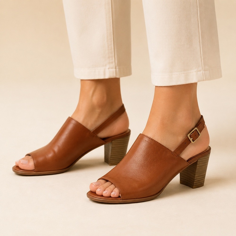 Clarks Womens Tan Leather Slingback Block Heel Sandals Brown Open Toe 8.5